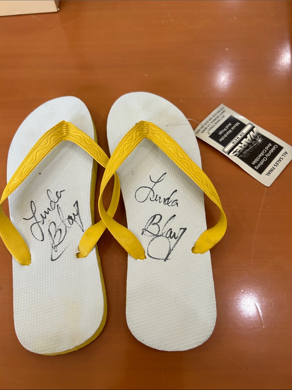 Yellow Strap Women's Flip Flops Signed by Linda Blair